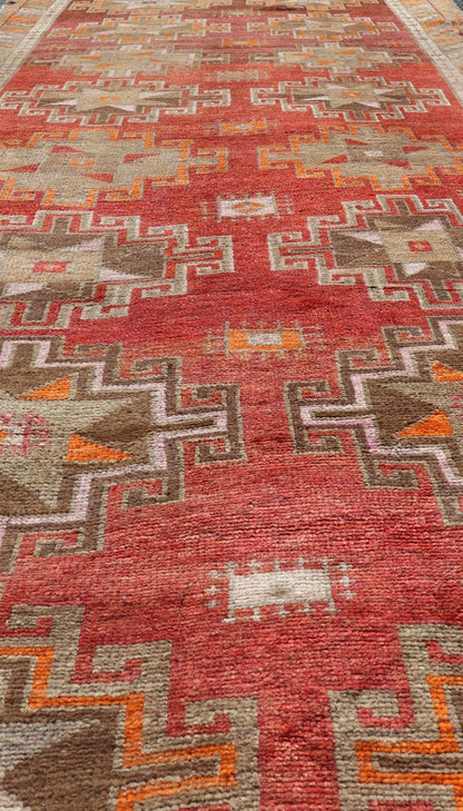 Hand Knotted Colorful Turkish Kars Gallery with Tribal Designs Geometric Motifs Vintage Turkish Kars/Oushak Gallery runner in red, brown, pink, ivory, orange and tan Keivan Woven Arts / rug/EMB - 9671 - P13566, country of origin / type: Turkey / Ous... - Keivan Woven ArtsEMB - 9671 - P13566 - 16205Rug