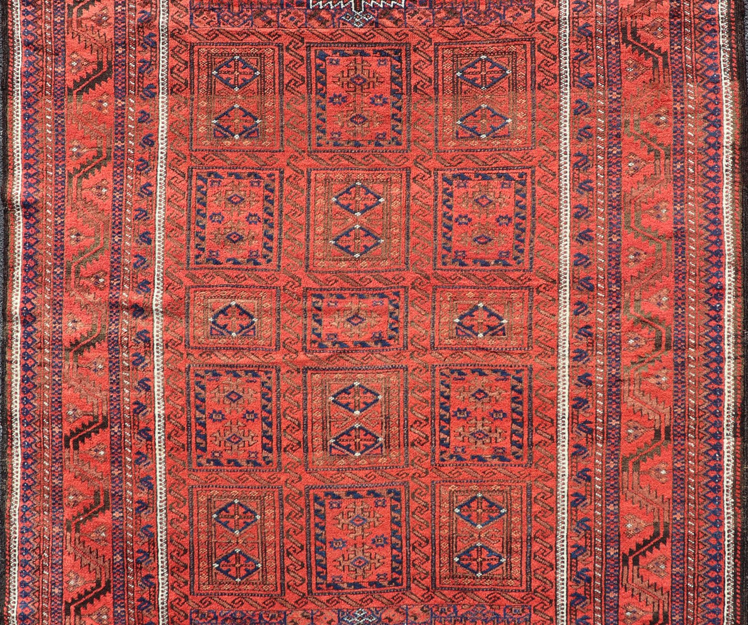 Antique Baluch Tribal Rug with All - Over Geometric Medallion Design in Red. Keivan Woven Arts, rug EMB - 9672 - P13589; country of origin / type: iran / Baluch, circa 1920s. This Antique Baluch Rug has been hand - knotted and features an impressive all... - Keivan Woven ArtsEMB - 9672 - P13589 - 16253Rug