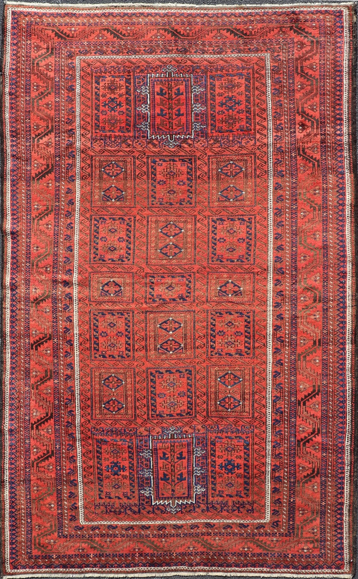 Antique Baluch Tribal Rug with All - Over Geometric Medallion Design in Red. Keivan Woven Arts, rug EMB - 9672 - P13589; country of origin / type: iran / Baluch, circa 1920s. This Antique Baluch Rug has been hand - knotted and features an impressive all... - Keivan Woven ArtsEMB - 9672 - P13589 - 16253Rug