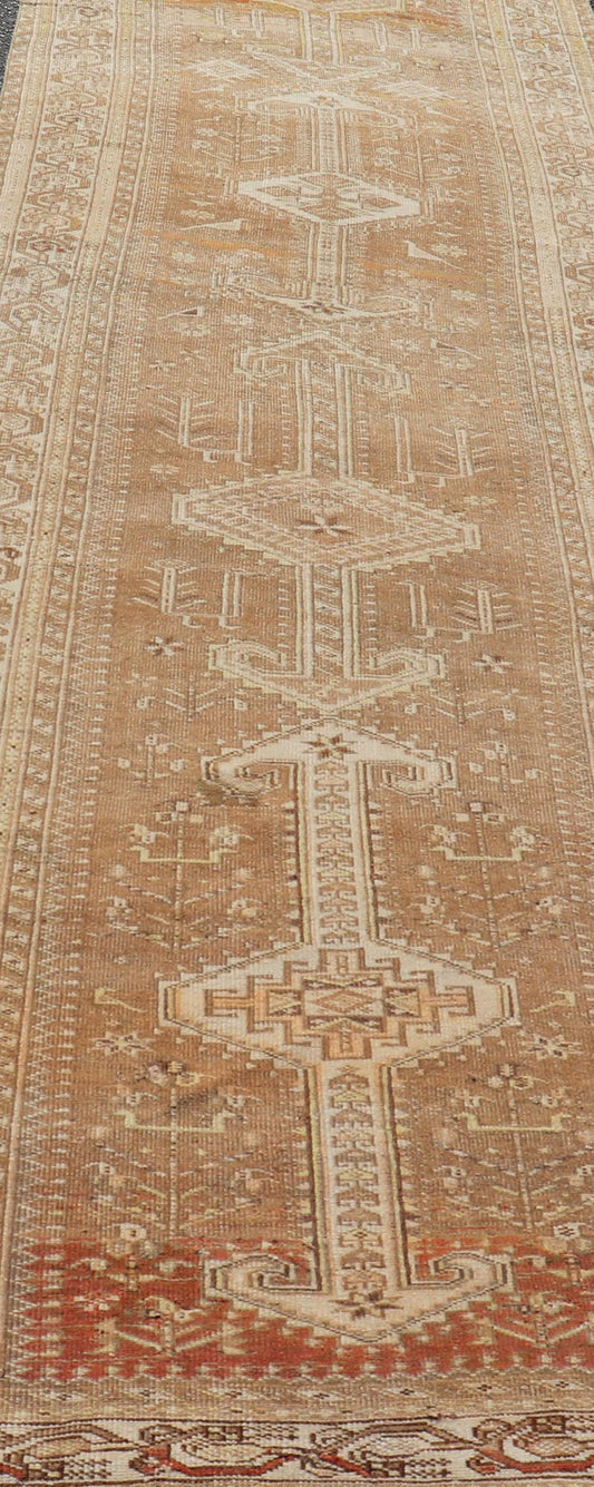 Measures: 3'9 x 14'3 Long Persian Heriz Runner with Central Medallions in Brown, Maroon, Tan & Red. Keivan Woven Arts / rug EMB - 9675 - 13537, country of origin / type: Iran / Heriz, circa 1920. This magnificent long Persian Heriz runner bears ... - Keivan Woven ArtsEMB - 9675 - 13537 - 16223Rug