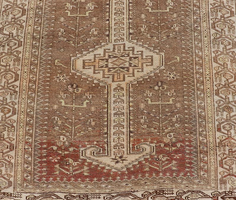 Measures: 3'9 x 14'3 Long Persian Heriz Runner with Central Medallions in Brown, Maroon, Tan & Red. Keivan Woven Arts / rug EMB - 9675 - 13537, country of origin / type: Iran / Heriz, circa 1920. This magnificent long Persian Heriz runner bears ... - Keivan Woven ArtsEMB - 9675 - 13537 - 16223Rug