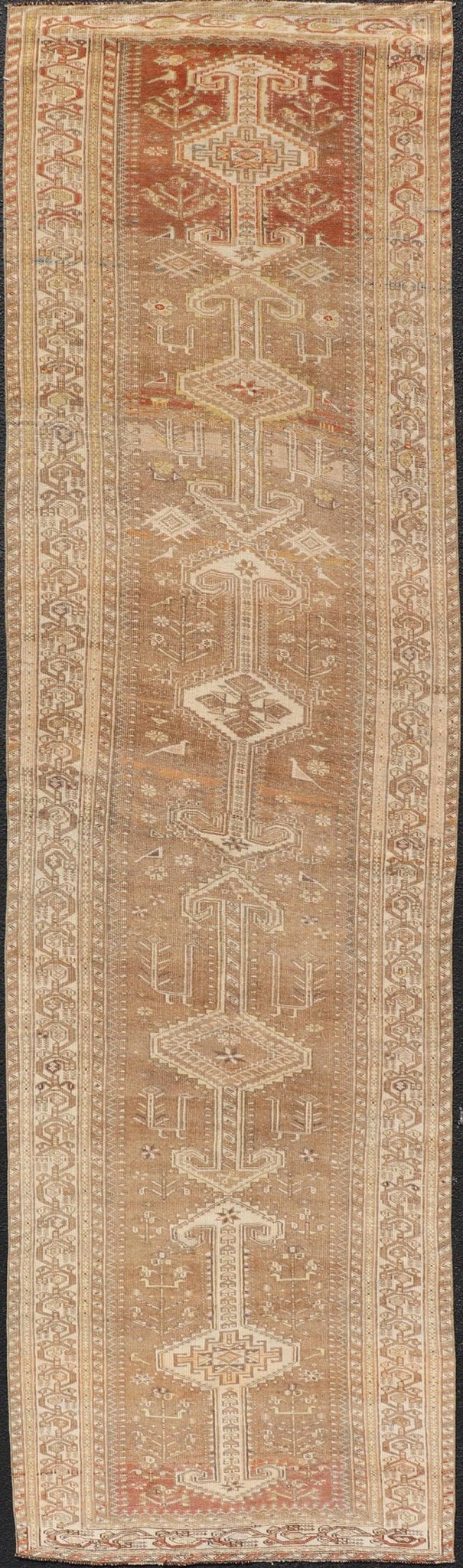 Measures: 3'9 x 14'3 Long Persian Heriz Runner with Central Medallions in Brown, Maroon, Tan & Red. Keivan Woven Arts / rug EMB - 9675 - 13537, country of origin / type: Iran / Heriz, circa 1920. This magnificent long Persian Heriz runner bears ... - Keivan Woven ArtsEMB - 9675 - 13537 - 16223Rug