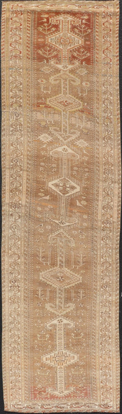 Measures: 3'9 x 14'3 Long Persian Heriz Runner with Central Medallions in Brown, Maroon, Tan & Red. Keivan Woven Arts / rug EMB - 9675 - 13537, country of origin / type: Iran / Heriz, circa 1920. This magnificent long Persian Heriz runner bears ... - Keivan Woven ArtsEMB - 9675 - 13537 - 16223Rug