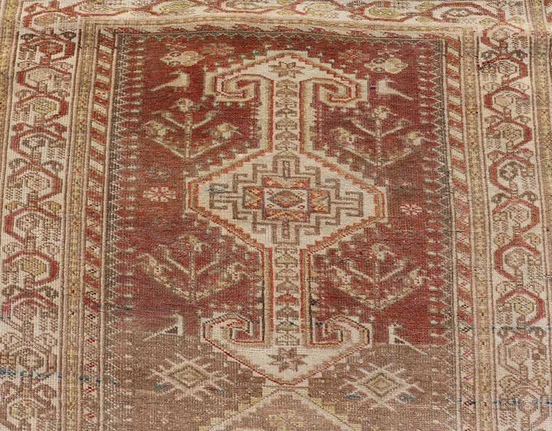 Measures: 3'9 x 14'3 Long Persian Heriz Runner with Central Medallions in Brown, Maroon, Tan & Red. Keivan Woven Arts / rug EMB - 9675 - 13537, country of origin / type: Iran / Heriz, circa 1920. This magnificent long Persian Heriz runner bears ... - Keivan Woven ArtsEMB - 9675 - 13537 - 16223Rug