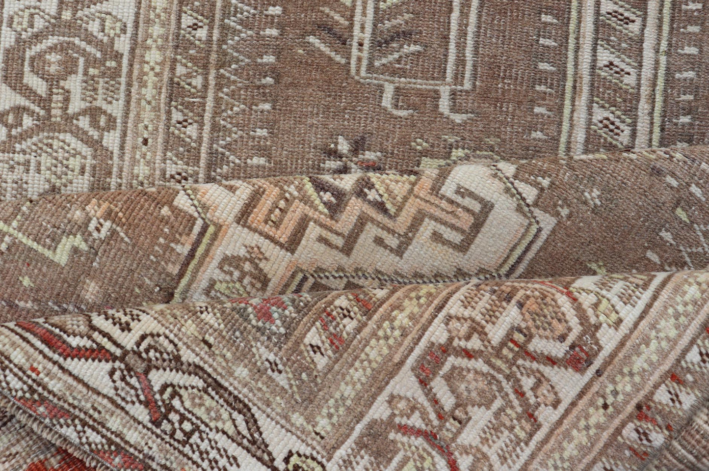 Measures: 3'9 x 14'3 Long Persian Heriz Runner with Central Medallions in Brown, Maroon, Tan & Red. Keivan Woven Arts / rug EMB - 9675 - 13537, country of origin / type: Iran / Heriz, circa 1920. This magnificent long Persian Heriz runner bears ... - Keivan Woven ArtsEMB - 9675 - 13537 - 16223Rug