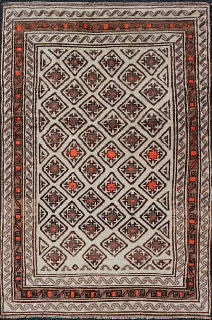 Antique Hand - Knotted Baluch Tribal Rug with All - Over Geometric Diamond Design. Keivan Woven Arts, rug EMB - 9679 - P13559; country of origin / type: Iran / Baluch, circa 1930s. This Antique Baluch Rug has been hand - knotted and features an impressive... - Keivan Woven ArtsEMB - 9679 - P13559 - 16241Rug