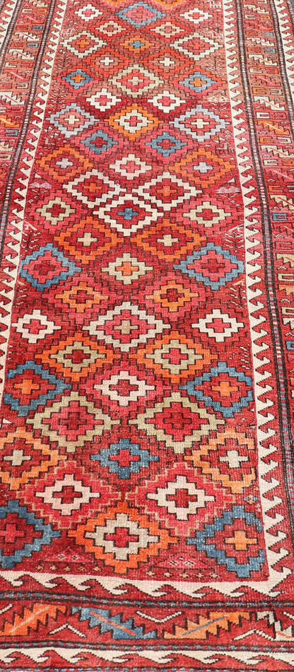 Antique Persian Fine Weave Hamadan Gallery Rug in Multi Colors in Tribal Design A very fine antique Persian Hamadan gallery runner with all - over design in rug background, Keivan Woven Arts / Rug EMB - 9681 - P13534, country of origin / type: Iran / ... - Keivan Woven ArtsEMB - 9681 - P13534 - 16259Rug
