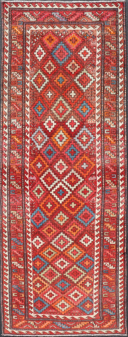 Antique Persian Fine Weave Hamadan Gallery Rug in Multi Colors in Tribal Design A very fine antique Persian Hamadan gallery runner with all - over design in rug background, Keivan Woven Arts / Rug EMB - 9681 - P13534, country of origin / type: Iran / ... - Keivan Woven ArtsEMB - 9681 - P13534 - 16259Rug