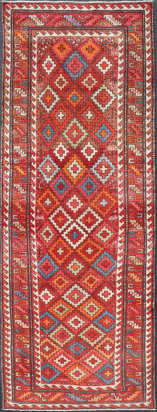 Antique Persian Fine Weave Hamadan Gallery Rug in Multi Colors in Tribal Design A very fine antique Persian Hamadan gallery runner with all - over design in rug background, Keivan Woven Arts / Rug EMB - 9681 - P13534, country of origin / type: Iran / ... - Keivan Woven ArtsEMB - 9681 - P13534 - 16259Rug
