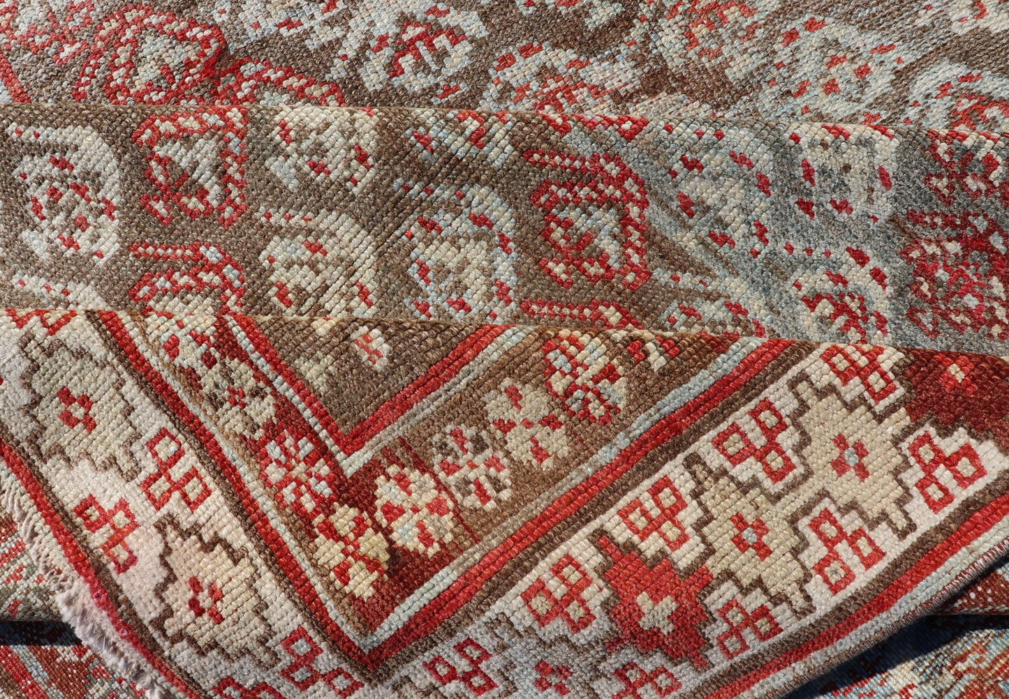 Antique Kurdish Runner in Soft Tones in Wool with Sub - Geometric Paisley Design. Keivan Woven Arts / rug EMB - 9682 - P13585, country of origin / type: Iran / kurdish, circa 1900. This antique Persian Kurdish runner has been hand - knotted in wool and ... - Keivan Woven ArtsEMB - 9682 - P13585 - 16265Rug