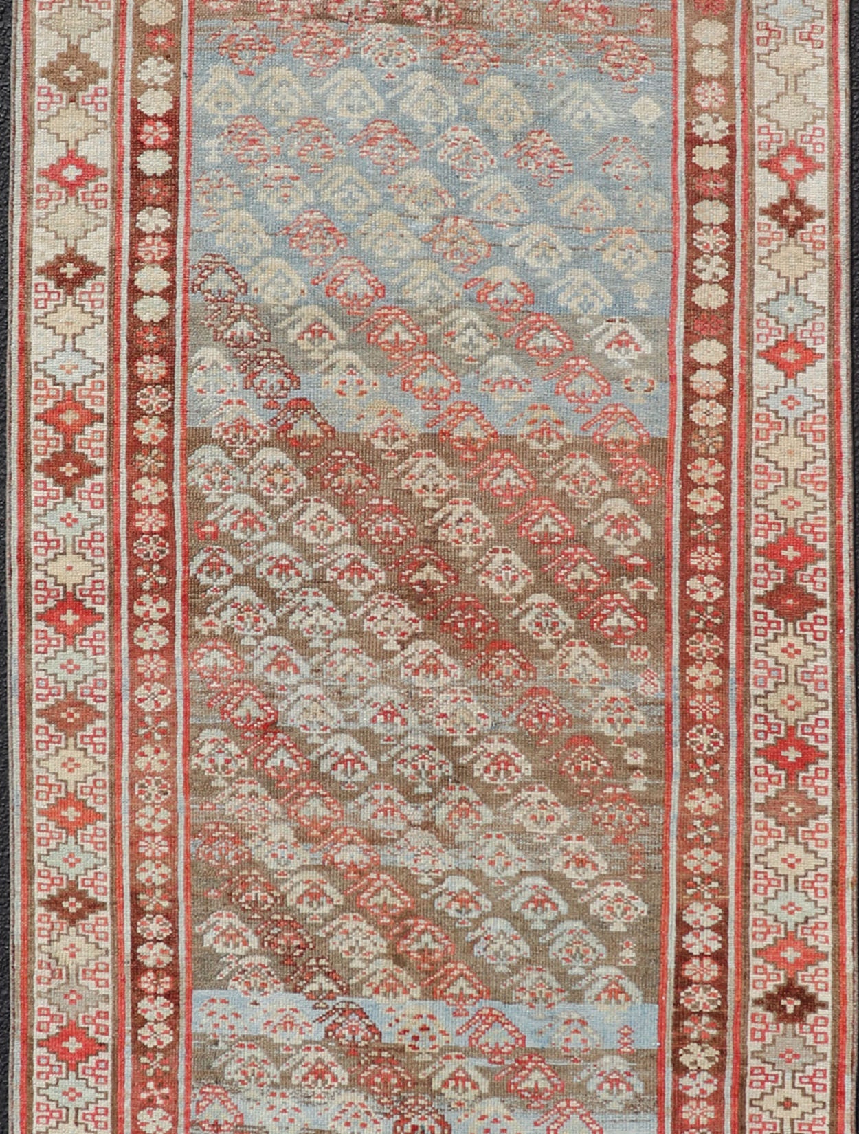 Antique Kurdish Runner in Soft Tones in Wool with Sub - Geometric Paisley Design. Keivan Woven Arts / rug EMB - 9682 - P13585, country of origin / type: Iran / kurdish, circa 1900. This antique Persian Kurdish runner has been hand - knotted in wool and ... - Keivan Woven ArtsEMB - 9682 - P13585 - 16265Rug