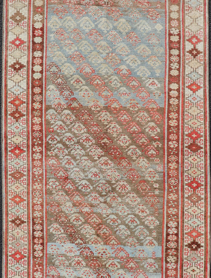 Antique Kurdish Runner in Soft Tones in Wool with Sub - Geometric Paisley Design. Keivan Woven Arts / rug EMB - 9682 - P13585, country of origin / type: Iran / kurdish, circa 1900. This antique Persian Kurdish runner has been hand - knotted in wool and ... - Keivan Woven ArtsEMB - 9682 - P13585 - 16265Rug