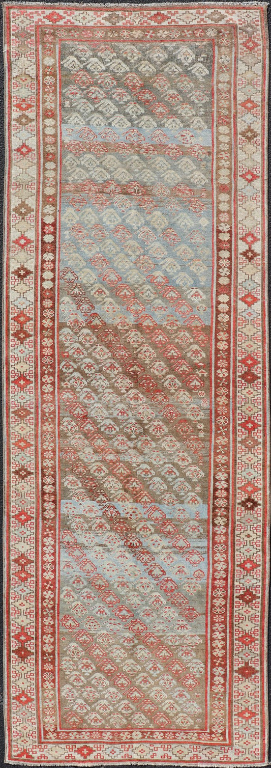 Antique Kurdish Runner in Soft Tones in Wool with Sub - Geometric Paisley Design. Keivan Woven Arts / rug EMB - 9682 - P13585, country of origin / type: Iran / kurdish, circa 1900. This antique Persian Kurdish runner has been hand - knotted in wool and ... - Keivan Woven ArtsEMB - 9682 - P13585 - 16265Rug