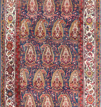 Antique Persian Paisley Field Hamadan in Multi - Tiered Border in Red and Blue This unique Persian Hamadan features a dark blue background placed behind a sub - geometric, red and mustard paisley design. The boldened border highlights ivory between... - Keivan Woven ArtsEMB - 9683 - P13868 - 16271Rug