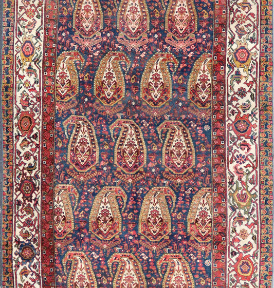 Antique Persian Paisley Field Hamadan in Multi - Tiered Border in Red and Blue This unique Persian Hamadan features a dark blue background placed behind a sub - geometric, red and mustard paisley design. The boldened border highlights ivory between... - Keivan Woven ArtsEMB - 9683 - P13868 - 16271Rug