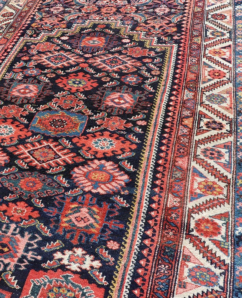 Antique Persian Gallery Hamadan Runner in Blue Background with Multi Colors A unique designed antique Persian Hand Knotted Hamadan gallery runner with all - over geometric motifs, Keivan Woven Arts / rug EMB - 9684 - P13859, country of origin / type: ... - Keivan Woven ArtsEMB - 9684 - P13859 - 16277Rug