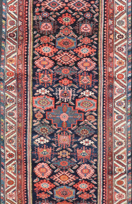 Antique Persian Gallery Hamadan Runner in Blue Background with Multi Colors A unique designed antique Persian Hand Knotted Hamadan gallery runner with all - over geometric motifs, Keivan Woven Arts / rug EMB - 9684 - P13859, country of origin / type: ... - Keivan Woven ArtsEMB - 9684 - P13859 - 16277Rug