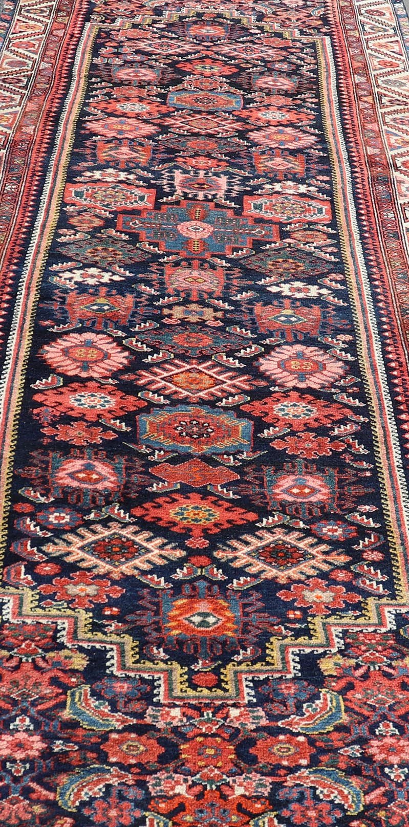Antique Persian Gallery Hamadan Runner in Blue Background with Multi Colors A unique designed antique Persian Hand Knotted Hamadan gallery runner with all - over geometric motifs, Keivan Woven Arts / rug EMB - 9684 - P13859, country of origin / type: ... - Keivan Woven ArtsEMB - 9684 - P13859 - 16277Rug