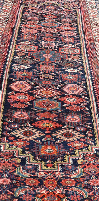 Antique Persian Gallery Hamadan Runner in Blue Background with Multi Colors A unique designed antique Persian Hand Knotted Hamadan gallery runner with all - over geometric motifs, Keivan Woven Arts / rug EMB - 9684 - P13859, country of origin / type: ... - Keivan Woven ArtsEMB - 9684 - P13859 - 16277Rug