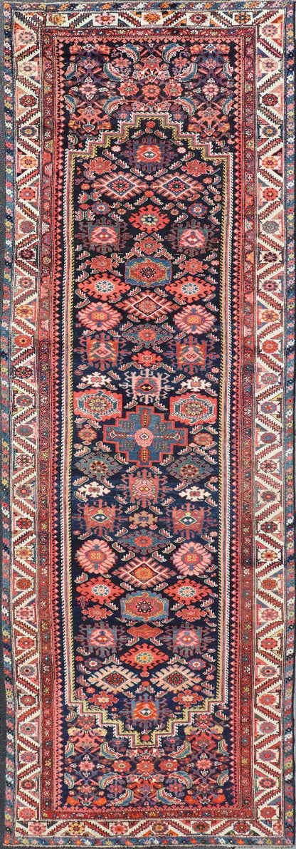 Antique Persian Gallery Hamadan Runner in Blue Background with Multi Colors A unique designed antique Persian Hand Knotted Hamadan gallery runner with all - over geometric motifs, Keivan Woven Arts / rug EMB - 9684 - P13859, country of origin / type: ... - Keivan Woven ArtsEMB - 9684 - P13859 - 16277Rug