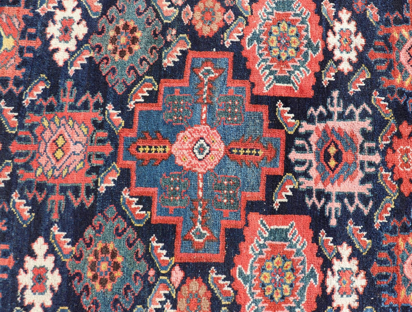 Antique Persian Gallery Hamadan Runner in Blue Background with Multi Colors A unique designed antique Persian Hand Knotted Hamadan gallery runner with all - over geometric motifs, Keivan Woven Arts / rug EMB - 9684 - P13859, country of origin / type: ... - Keivan Woven ArtsEMB - 9684 - P13859 - 16277Rug