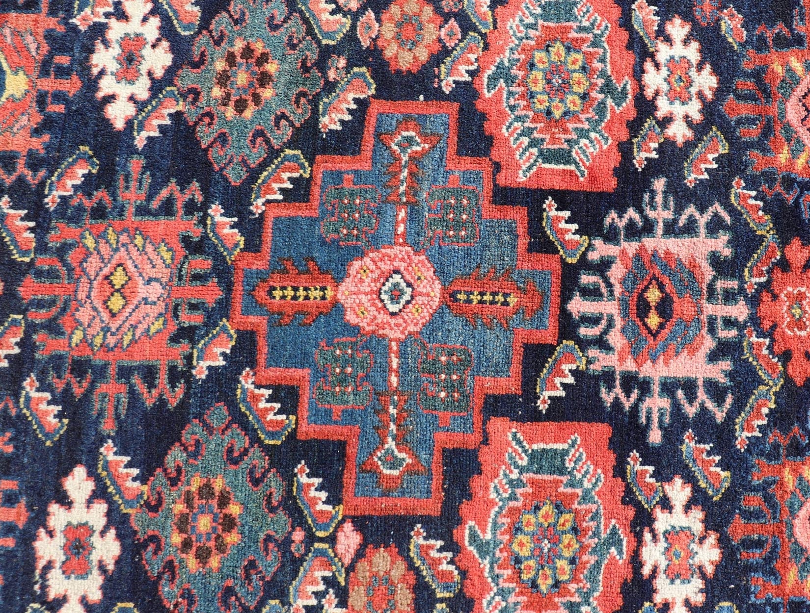 Antique Persian Gallery Hamadan Runner in Blue Background with Multi Colors A unique designed antique Persian Hand Knotted Hamadan gallery runner with all - over geometric motifs, Keivan Woven Arts / rug EMB - 9684 - P13859, country of origin / type: ... - Keivan Woven ArtsEMB - 9684 - P13859 - 16277Rug