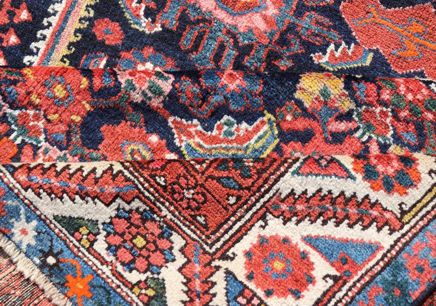 Antique Persian Gallery Hamadan Runner in Blue Background with Multi Colors A unique designed antique Persian Hand Knotted Hamadan gallery runner with all - over geometric motifs, Keivan Woven Arts / rug EMB - 9684 - P13859, country of origin / type: ... - Keivan Woven ArtsEMB - 9684 - P13859 - 16277Rug