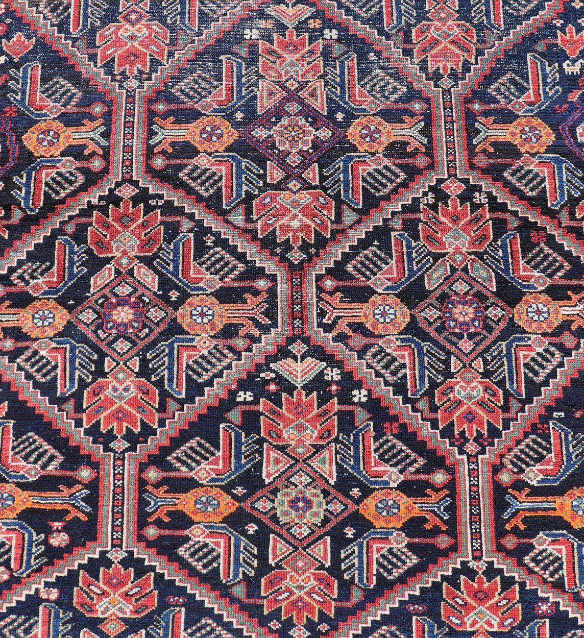 Antique Persian Gallery Hamadan Runner in Blue Background, Multi Colors A unique design, antique Persian Hamadan gallery runner with all - over geometric motifs, Keivan Woven Arts / rug EMB - 9686 - P13875, country of origin / type: Iran / Hamadan, ci... - Keivan Woven ArtsEMB - 9686 - P13875 - 16283Rug