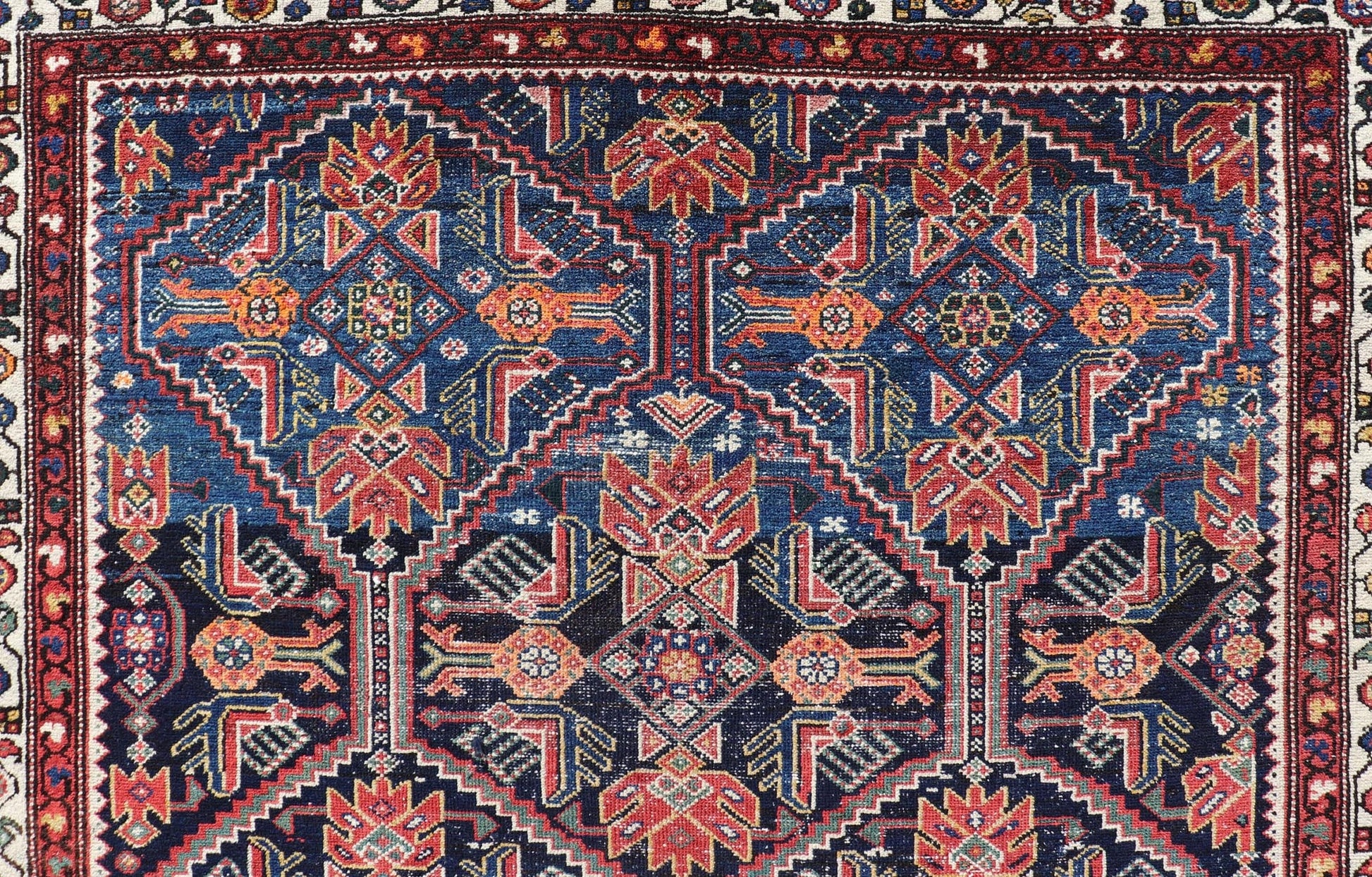 Antique Persian Gallery Hamadan Runner in Blue Background, Multi Colors A unique design, antique Persian Hamadan gallery runner with all - over geometric motifs, Keivan Woven Arts / rug EMB - 9686 - P13875, country of origin / type: Iran / Hamadan, ci... - Keivan Woven ArtsEMB - 9686 - P13875 - 16283Rug