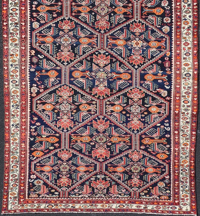 Antique Persian Gallery Hamadan Runner in Blue Background, Multi Colors A unique design, antique Persian Hamadan gallery runner with all - over geometric motifs, Keivan Woven Arts / rug EMB - 9686 - P13875, country of origin / type: Iran / Hamadan, ci... - Keivan Woven ArtsEMB - 9686 - P13875 - 16283Rug