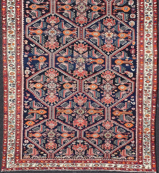 Antique Persian Gallery Hamadan Runner in Blue Background, Multi Colors A unique design, antique Persian Hamadan gallery runner with all - over geometric motifs, Keivan Woven Arts / rug EMB - 9686 - P13875, country of origin / type: Iran / Hamadan, ci... - Keivan Woven ArtsEMB - 9686 - P13875 - 16283Rug