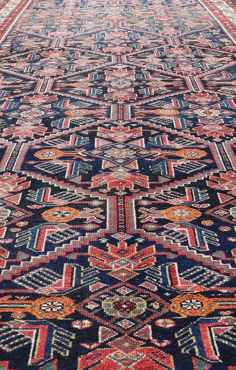 Antique Persian Gallery Hamadan Runner in Blue Background, Multi Colors A unique design, antique Persian Hamadan gallery runner with all - over geometric motifs, Keivan Woven Arts / rug EMB - 9686 - P13875, country of origin / type: Iran / Hamadan, ci... - Keivan Woven ArtsEMB - 9686 - P13875 - 16283Rug