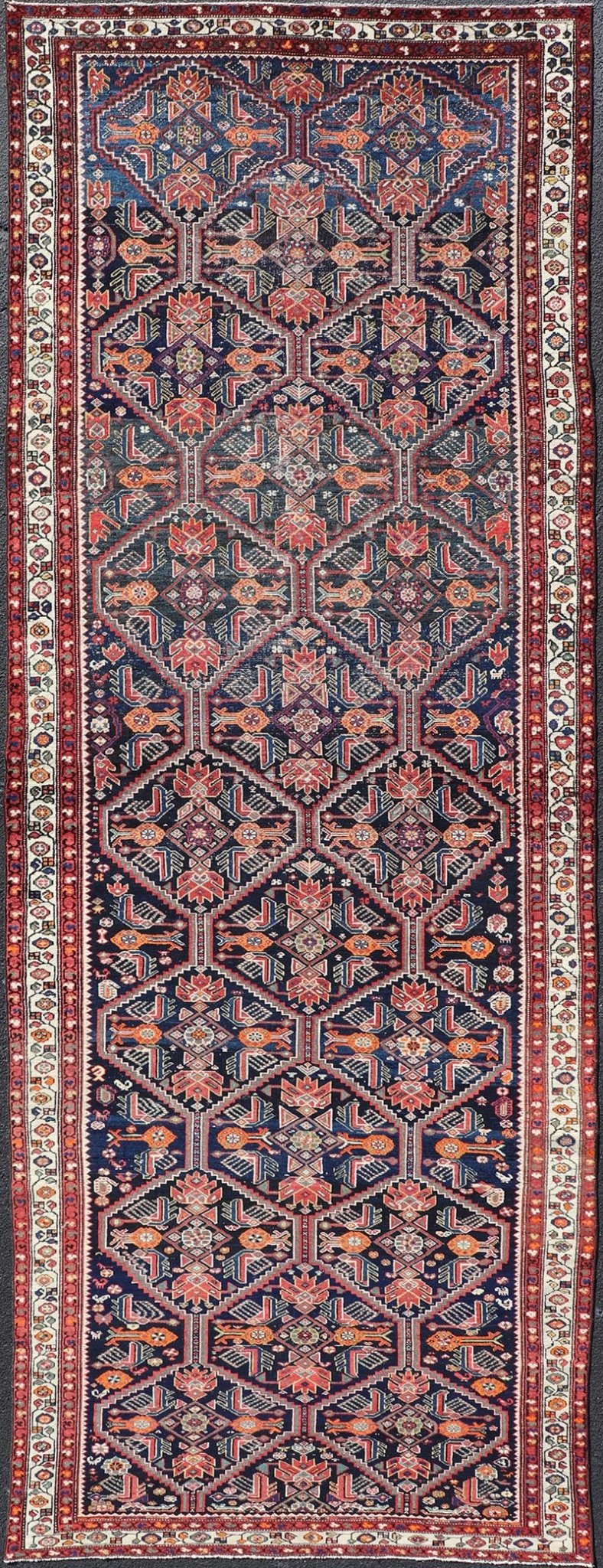 Antique Persian Gallery Hamadan Runner in Blue Background, Multi Colors A unique design, antique Persian Hamadan gallery runner with all - over geometric motifs, Keivan Woven Arts / rug EMB - 9686 - P13875, country of origin / type: Iran / Hamadan, ci... - Keivan Woven ArtsEMB - 9686 - P13875 - 16283Rug
