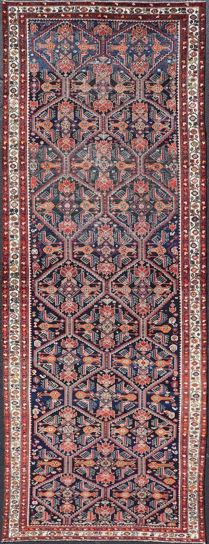 Antique Persian Gallery Hamadan Runner in Blue Background, Multi Colors A unique design, antique Persian Hamadan gallery runner with all - over geometric motifs, Keivan Woven Arts / rug EMB - 9686 - P13875, country of origin / type: Iran / Hamadan, ci... - Keivan Woven ArtsEMB - 9686 - P13875 - 16283Rug