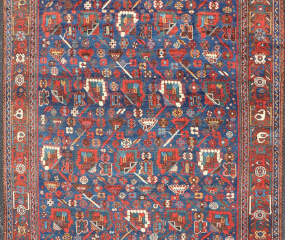 Antique Persian Qashqai Shiraz Tribal Rug with All - Over Tribal Design Antique Persian Qashqai Shiraz Tribal Rug with Tribal Design in jewel tones with blue background. Keivan Woven Arts / rug EMB - 9687 - P13529, country of origin / type: Iran / Qas... - Keivan Woven ArtsEMB - 9687 - P13529 - 16289Rug