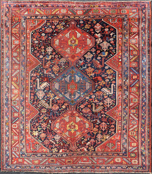 Antique Hand Knotted Persian Qashqai Shiraz Tribal Rug with Tribal Design Antique Persian Qashqai Shiraz Tribal Rug with Tribal Diamond Design, Keivan Woven Arts / rug EMB - 9688 - P13531, country of origin / type: Iran / Qashqai, circa 1900. ... - Keivan Woven ArtsEMB - 9688 - P13531 - 16295Rug