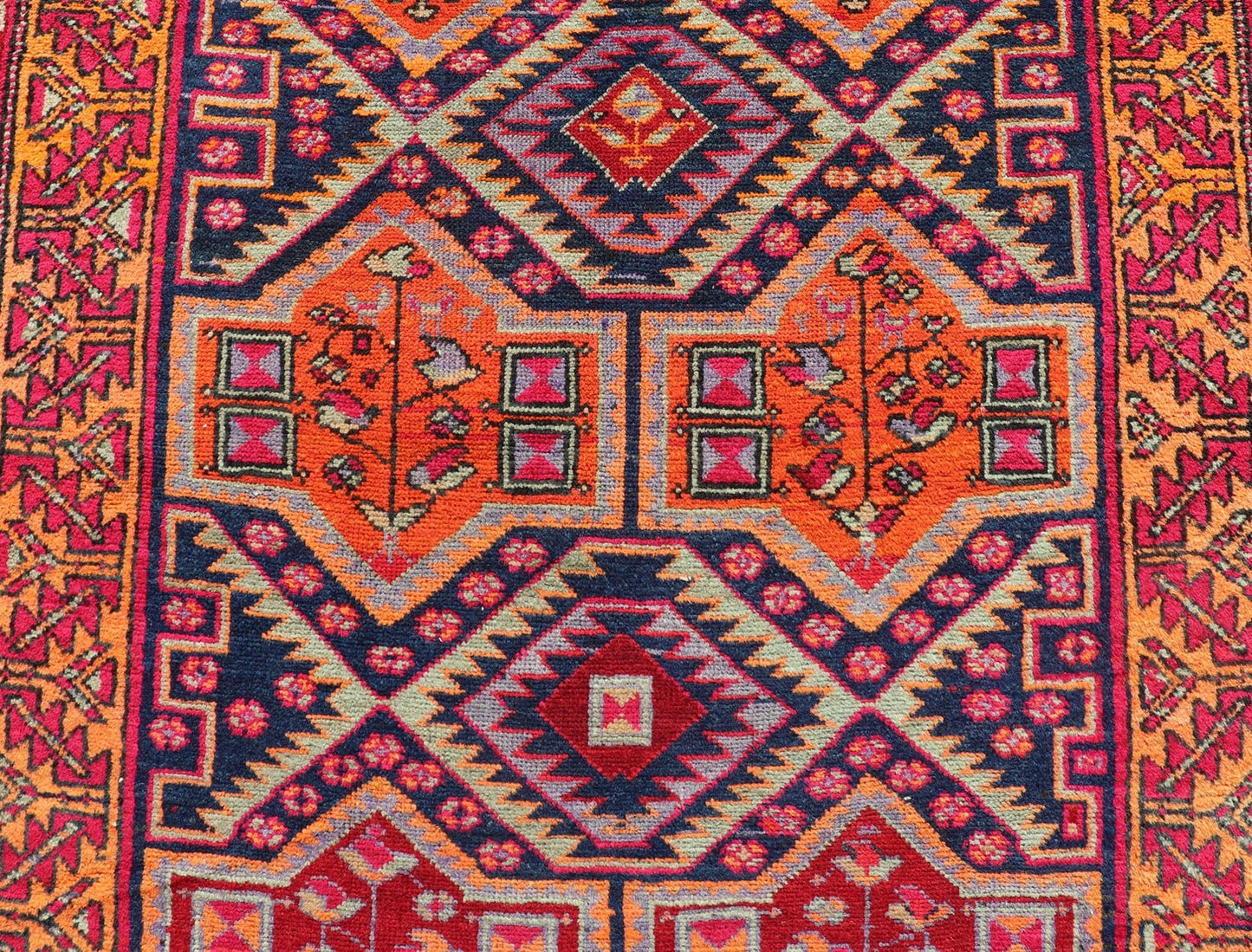 Antique Hand - Knotted Karajeh Gallery Rug in Wool with All - Over Geometric Design This antique Persian Karajeh gallery rug features an all - over sub - geometric design rendered in multicolor tones, set upon a navy blue background. A complementary, m... - Keivan Woven ArtsEMB - 9689 - P13526 - 16301Rug