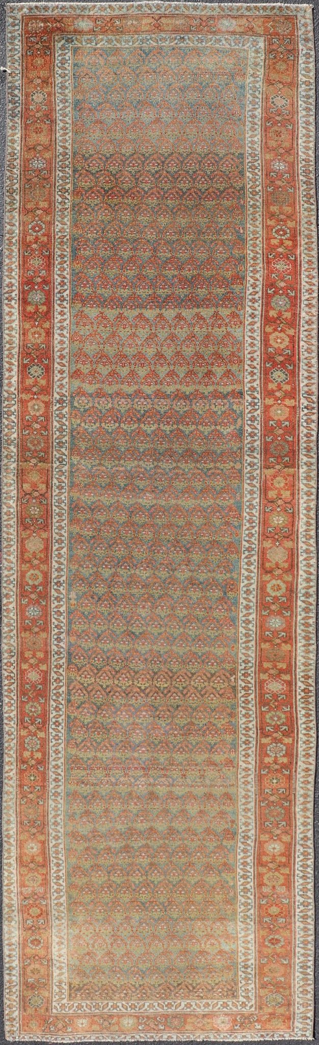 Antique Persian Hamadan Gallery Runner in Wool with All - Over Tribal Design Measures: 3'6 x 12'8 This antique Persian Hamadan rug has been hand - knotted in wool and features an all - over sub - geometric design rendered in red's, pink, green, ... - Keivan Woven ArtsEMB - 9700 - P13882 - 16552Rug