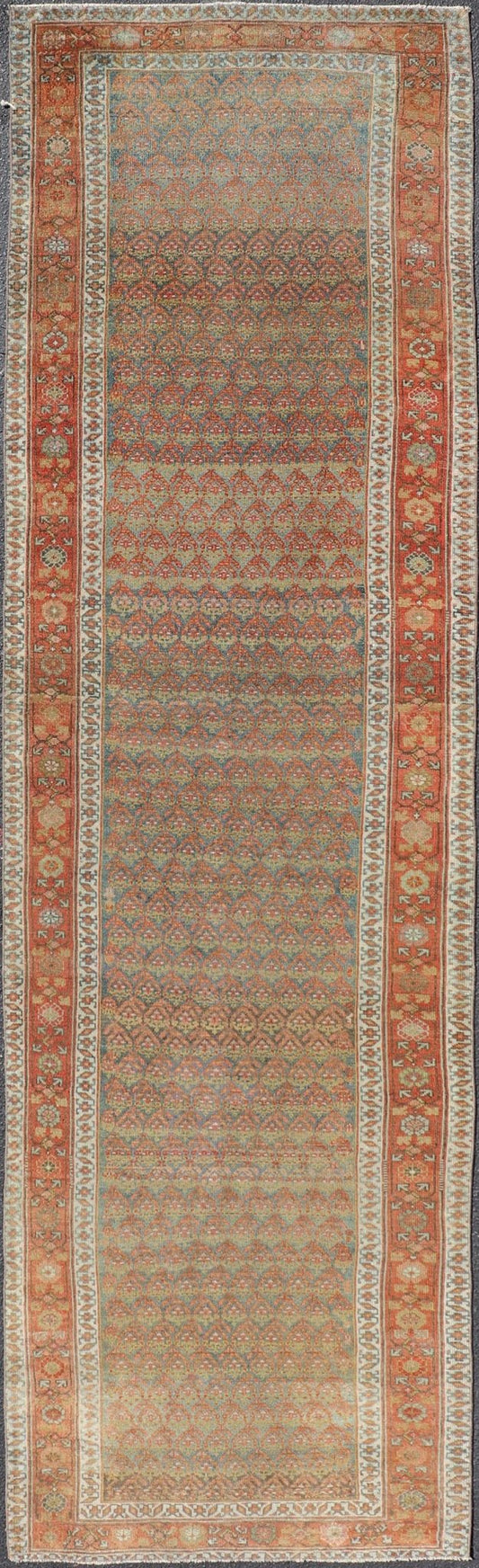 Antique Persian Hamadan Gallery Runner in Wool with All - Over Tribal Design Measures: 3'6 x 12'8 This antique Persian Hamadan rug has been hand - knotted in wool and features an all - over sub - geometric design rendered in red's, pink, green, ... - Keivan Woven ArtsEMB - 9700 - P13882 - 16552Rug