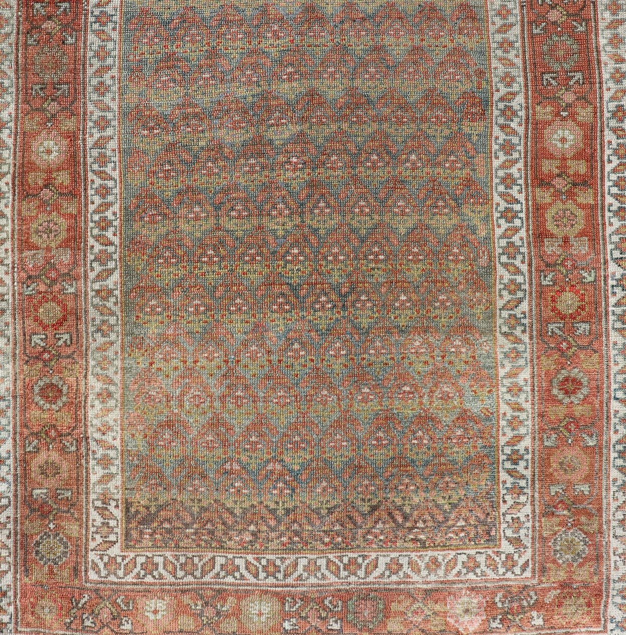 Antique Persian Hamadan Gallery Runner in Wool with All - Over Tribal Design Measures: 3'6 x 12'8 This antique Persian Hamadan rug has been hand - knotted in wool and features an all - over sub - geometric design rendered in red's, pink, green, ... - Keivan Woven ArtsEMB - 9700 - P13882 - 16552Rug