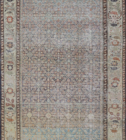 Antique Persian Malayer Gallery All - Over Geometric Design In Muted Colors This antique Malayer is a beautiful piece displays a large medallion in the field, filled and surrounded by many motifs, accentuating the incredible detail in... - Keivan Woven ArtsEMB - 9701 - P13867 - 16516Rug