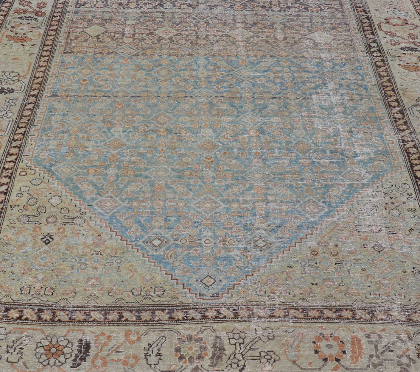 Antique Persian Malayer Gallery All - Over Geometric Design In Muted Colors This antique Malayer is a beautiful piece displays a large medallion in the field, filled and surrounded by many motifs, accentuating the incredible detail in... - Keivan Woven ArtsEMB - 9701 - P13867 - 16516Rug