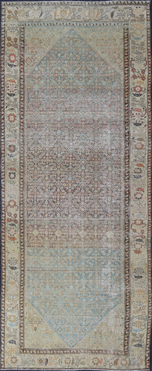 Antique Persian Malayer Gallery All - Over Geometric Design In Muted Colors This antique Malayer is a beautiful piece displays a large medallion in the field, filled and surrounded by many motifs, accentuating the incredible detail in... - Keivan Woven ArtsEMB - 9701 - P13867 - 16516Rug