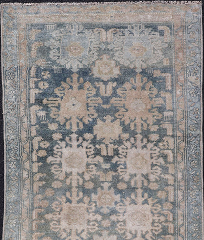 Measures: 2'4 x 4'8 Antique Persian Malayer Rug with Sub - Geometric Design in Soft Blue and Cream. Keivan Woven Arts / rug EMB - 9702 - 13462, country of origin / type: Iran / Malayer, circa 1920 - Keivan Woven ArtsEMB - 9702 - 13462 - 16418Rug