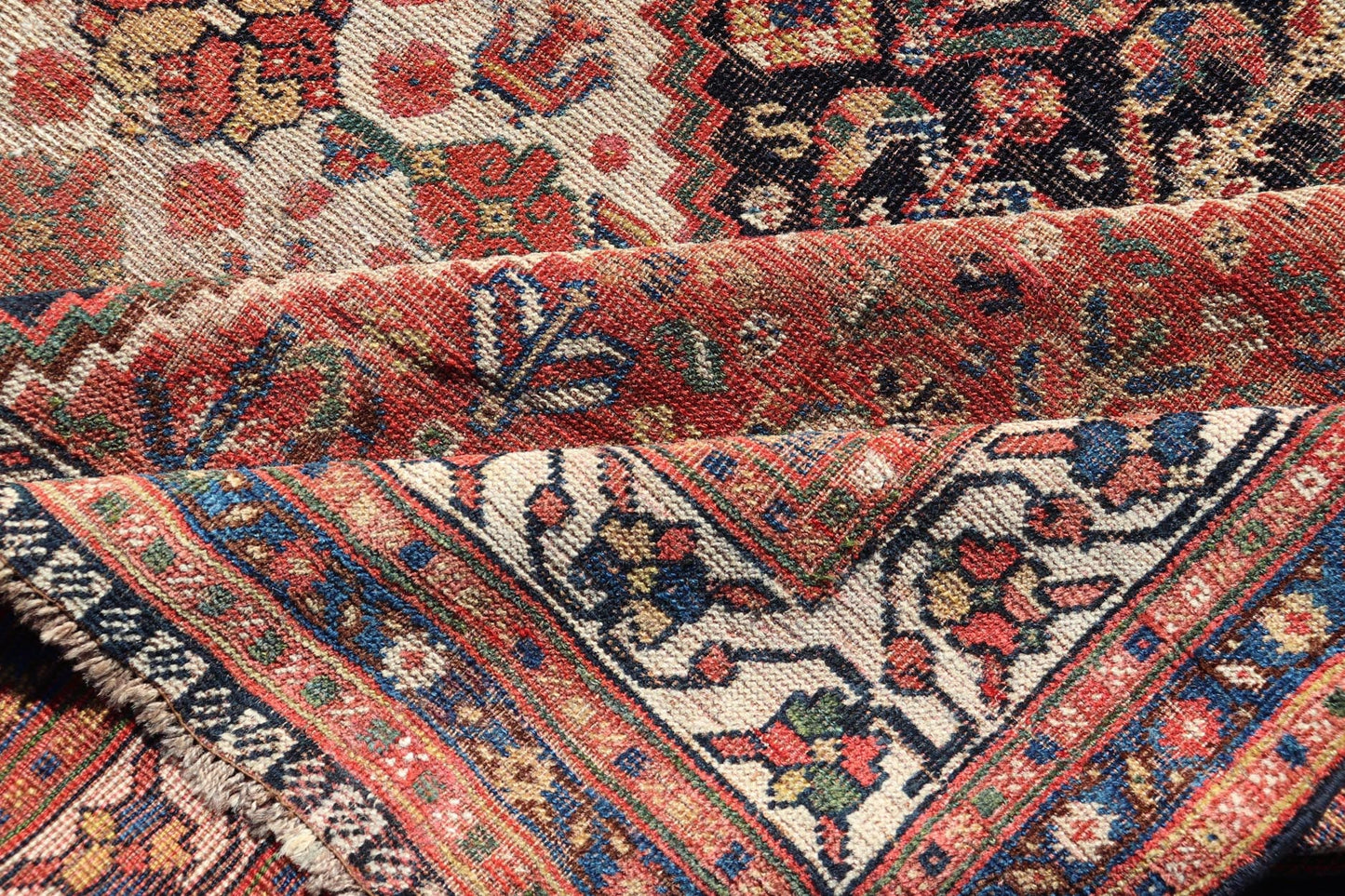Measures: 7'1 x 9'9 Antique Persian Shiraz with All - Over Medallion Design in Ink Blue and Red. Keivan Woven Arts; rug EMB - 9703 - 13459, country of origin / type: Iran / Shiraz, circa 1920. This antique Persian Shiraz rug has been hand - knotted ... - Keivan Woven ArtsEMB - 9703 - 13459 - 16430Rug