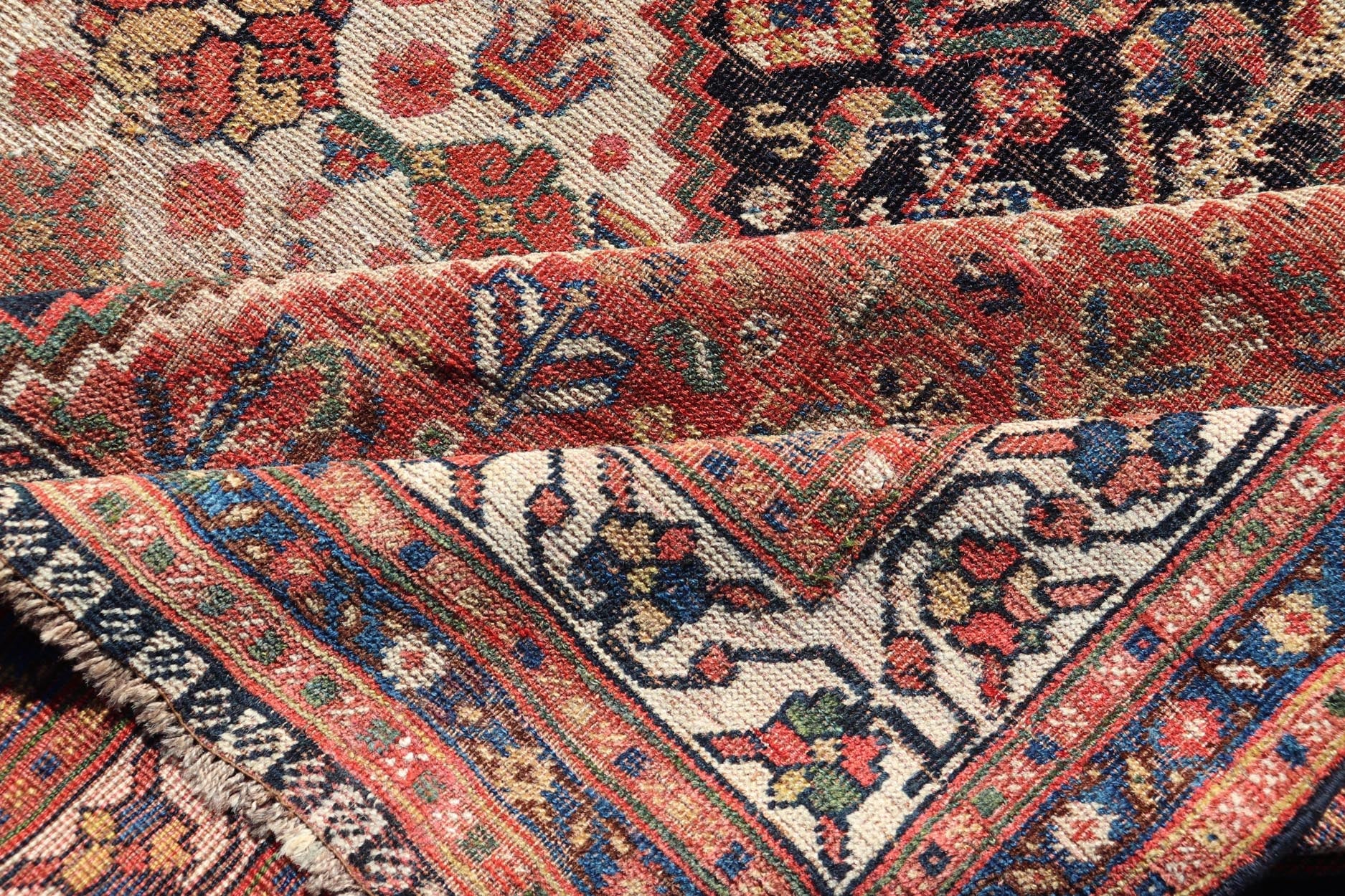 Measures: 7'1 x 9'9 Antique Persian Shiraz with All - Over Medallion Design in Ink Blue and Red. Keivan Woven Arts; rug EMB - 9703 - 13459, country of origin / type: Iran / Shiraz, circa 1920. This antique Persian Shiraz rug has been hand - knotted ... - Keivan Woven ArtsEMB - 9703 - 13459 - 16430Rug