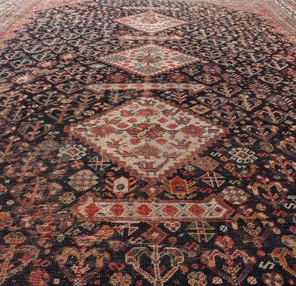 Measures: 7'1 x 9'9 Antique Persian Shiraz with All - Over Medallion Design in Ink Blue and Red. Keivan Woven Arts; rug EMB - 9703 - 13459, country of origin / type: Iran / Shiraz, circa 1920. This antique Persian Shiraz rug has been hand - knotted ... - Keivan Woven ArtsEMB - 9703 - 13459 - 16430Rug