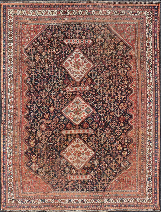 Measures: 7'1 x 9'9 Antique Persian Shiraz with All - Over Medallion Design in Ink Blue and Red. Keivan Woven Arts; rug EMB - 9703 - 13459, country of origin / type: Iran / Shiraz, circa 1920. This antique Persian Shiraz rug has been hand - knotted ... - Keivan Woven ArtsEMB - 9703 - 13459 - 16430