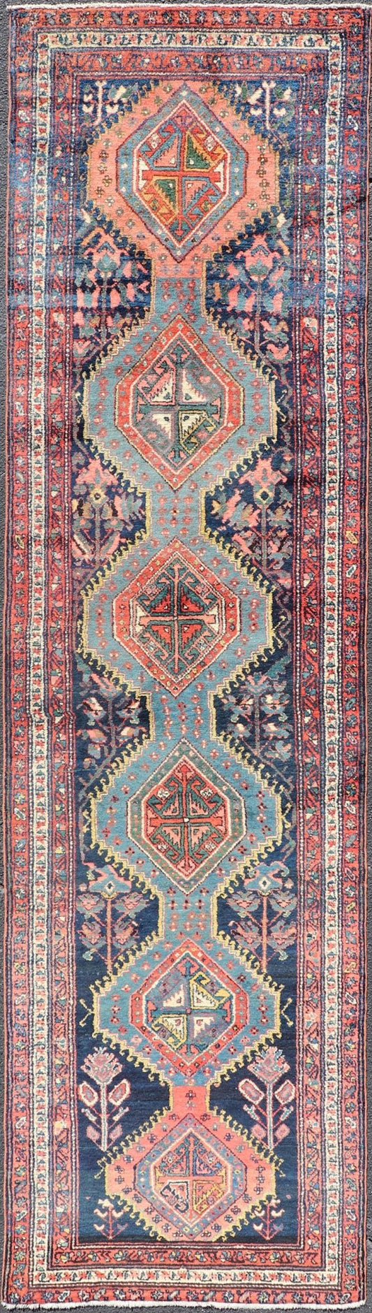 Antique Hand Knotted Hamadan Runner with Tribal Medallion Design in Jewel Tones Colorful Persian Hamadan runner with tribal Motifs, Vertical Medallion Design, Keivan Woven Arts / rug EMB - 9705 - P13454, country of origin / type: Iran / Hamadan,... - Keivan Woven ArtsEMB - 9705 - P13454 - 16442Rug