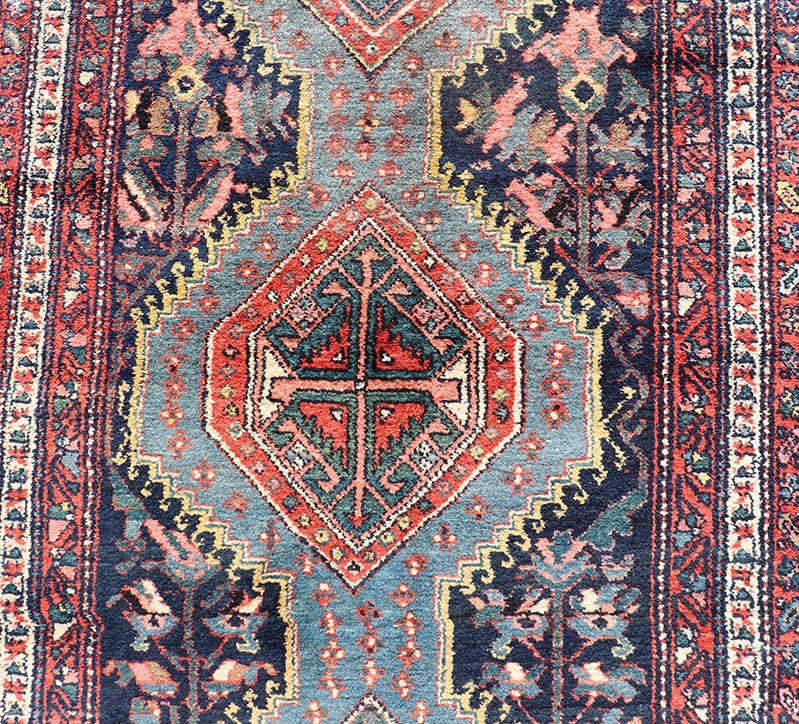 Antique Hand Knotted Hamadan Runner with Tribal Medallion Design in Jewel Tones Colorful Persian Hamadan runner with tribal Motifs, Vertical Medallion Design, Keivan Woven Arts / rug EMB - 9705 - P13454, country of origin / type: Iran / Hamadan,... - Keivan Woven ArtsEMB - 9705 - P13454 - 16442Rug